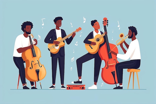 Harmony of Talents Team of Musicians Playing Different Instruments in Flat Style Vector Illustration