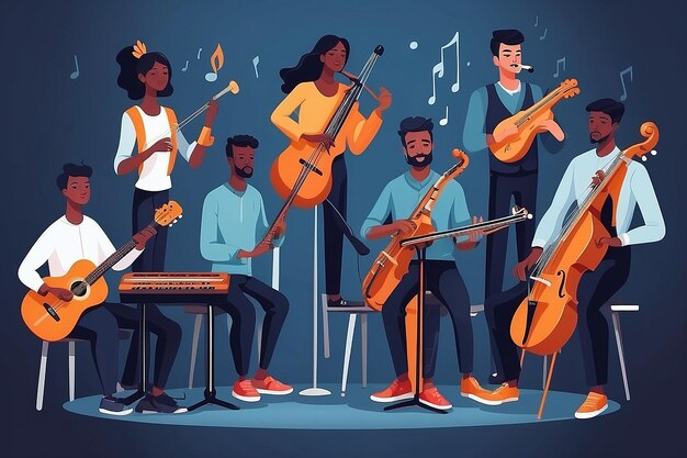 Harmony of Talents Team of Musicians Playing Different Instruments in Flat Style Vector Illustration