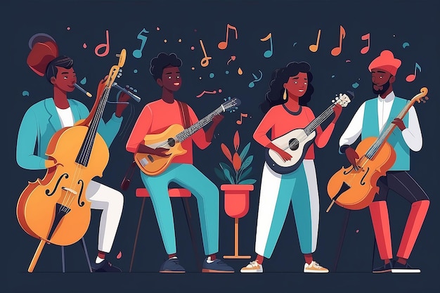 Harmony of Talents Team of Musicians Playing Different Instruments in Flat Style Vector Illustration