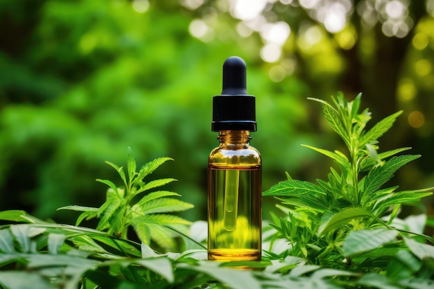 Harmony with Nature CBD Oil Bottle Amidst Lush Greenery Blending Wellness with Natural Serenity