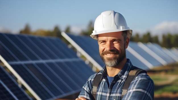 太陽エンジニアの技術者と太陽電池パネルを活用する