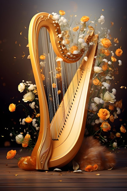 Photo a harp with flowers and music notes on it