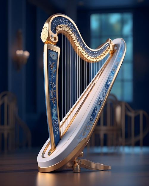 A harp with gold and blue accents sits on a floor.