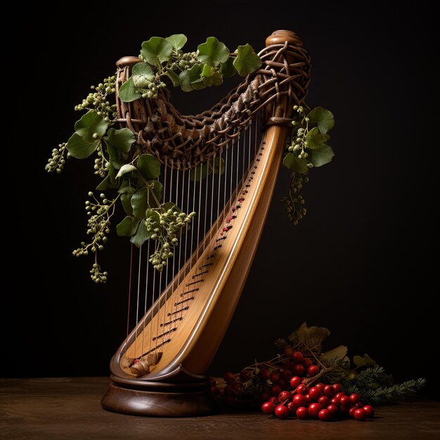 Photo a harp with grapes and grapes on the top of it