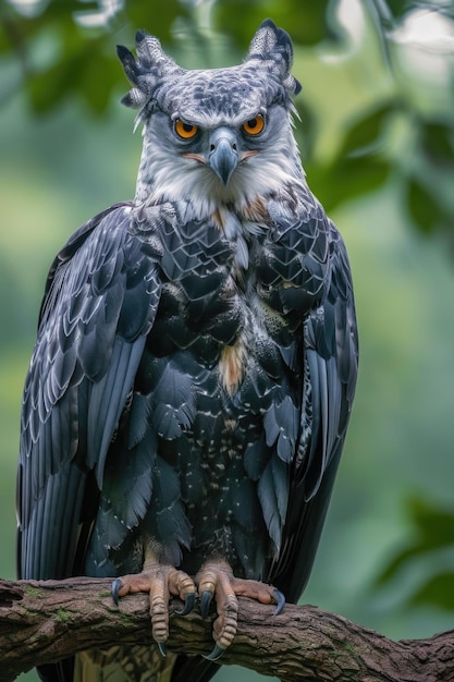 Harpy Eagle with Bright Yellow Eyes and Powerful Beak on Branch