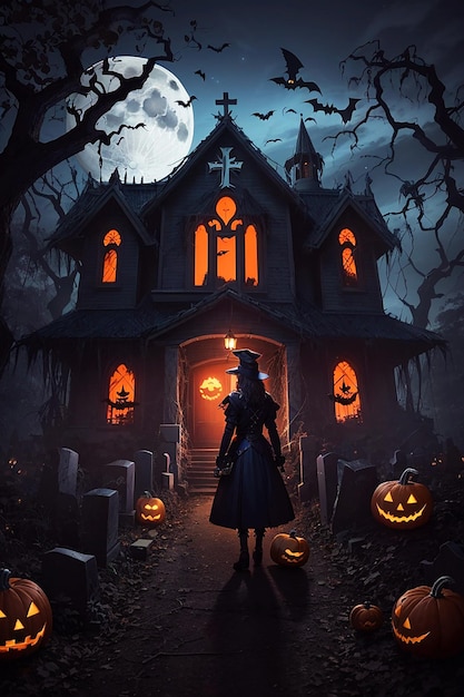 Harror home with horror lighting halloween screen midnight moon pumpkin with a horror house b