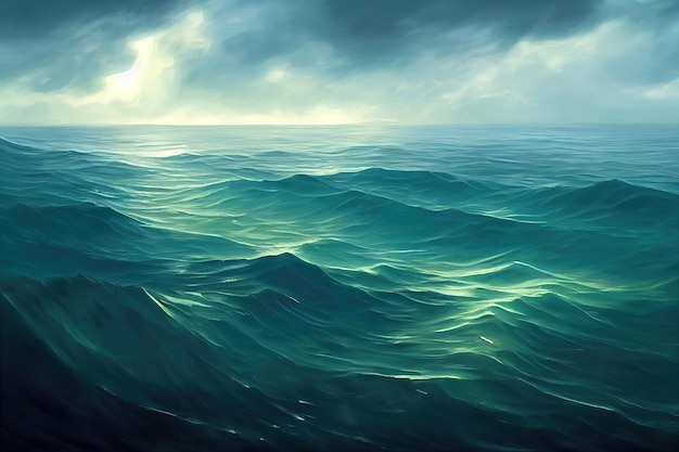 Harsh ocean with large sea waves Wavy and beautiful sea The Pacific Ocean is raging Digital illustration digital painting