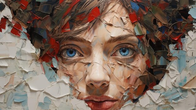 Harsh Palette Knife Work Photorealistic Painting Of A Girl With Blue Eyes