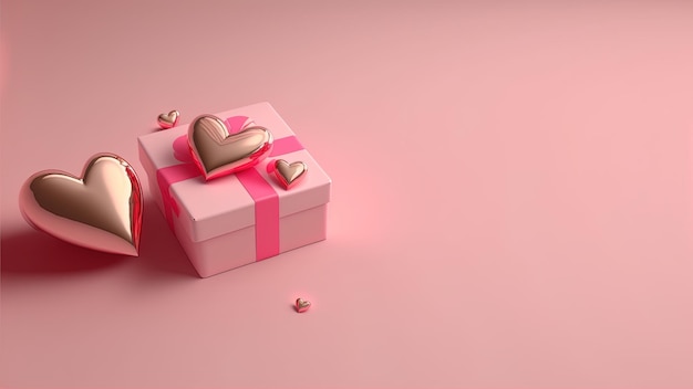 Hart en geschenkdoos 3d illustratie geïsoleerd op roze achtergrond met kopieerruimte