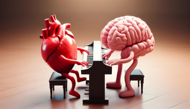 Foto hart en hersenen spelen piano duet 3d render