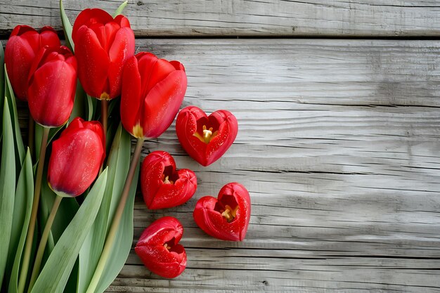 Hart- en rode tulpenbloemen op een houten achtergrond