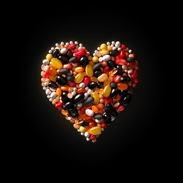 Hart gemaakt van kleurrijke pillen geïsoleerd op zwarte achtergrond