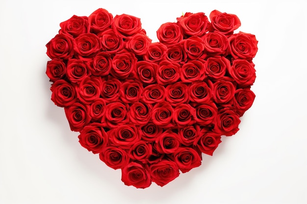 Hart gemaakt van rode rozen op witte achtergrond Valentijnsdag concept