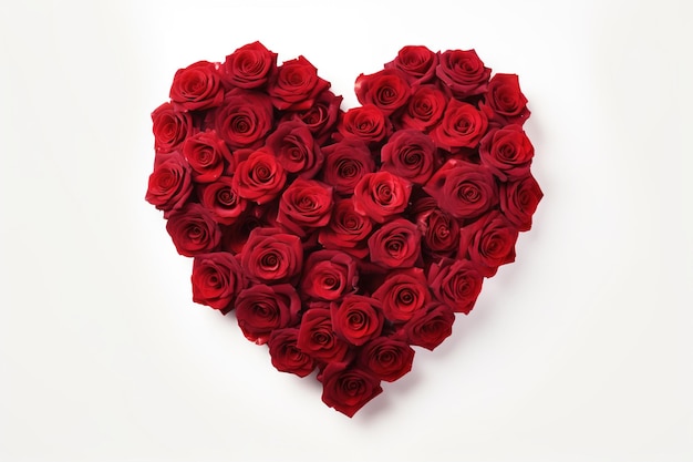 Hart gemaakt van rode rozen op witte achtergrond Valentijnsdag concept