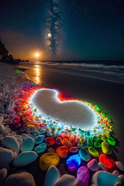 Hart gemaakt van rotsen op een strand 's nachts generatieve ai