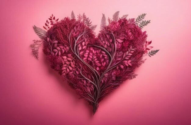 Hart gemaakt van takken en bladeren op een contrasterende roze achtergrond Valentijnsdag