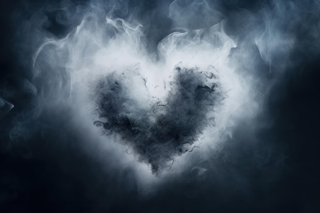 Foto hart gemaakt van witte rook op zwarte achtergrond die de liefde voor valentijnsdag symboliseert ruimte voor tekst