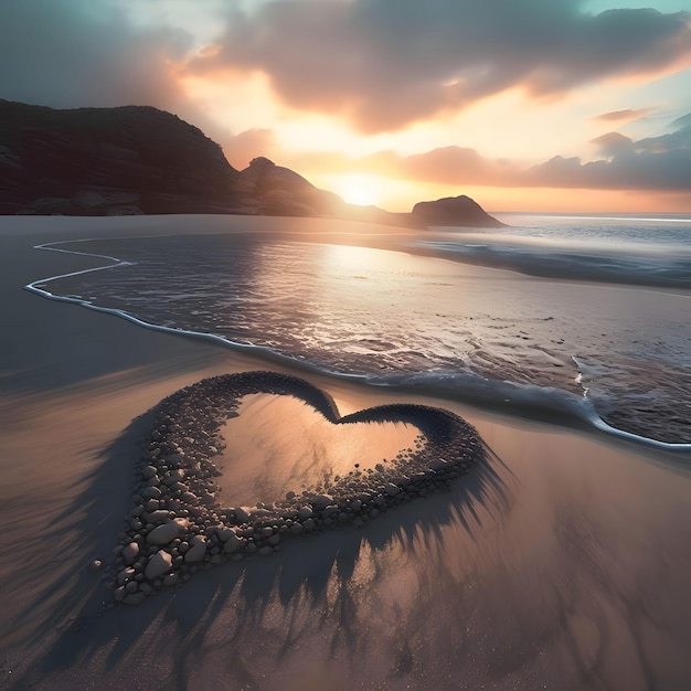 Hart gerangschikt op het zand op het strand van kleine stenen zonsondergang in de achtergrond Hart als een symbool van genegenheid en liefde