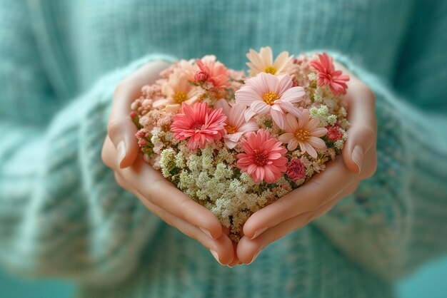 Hart met bloemen liefde en emotie concept goedhartige persoon hulp en liefdadigheid moederdag