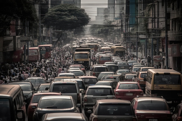 Hart van de metropool auto's kruipen bumper aan bumper op het drukke spitsuurverkeer in de stad