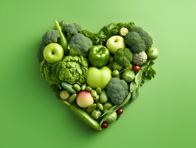 Foto hart van groene vruchten en groenten geïsoleerd op lichtgroene achtergrond groen levensconcept en gezonde levensstijl vorm van hart gemaakt van functionele voedselingrediënten generatieve ai