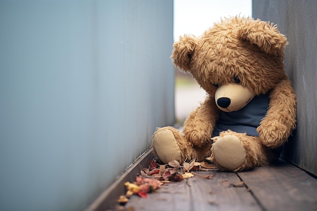 Hartelijke emotie Alleen en teleurgesteld kinderen teddybeer tegen de muur