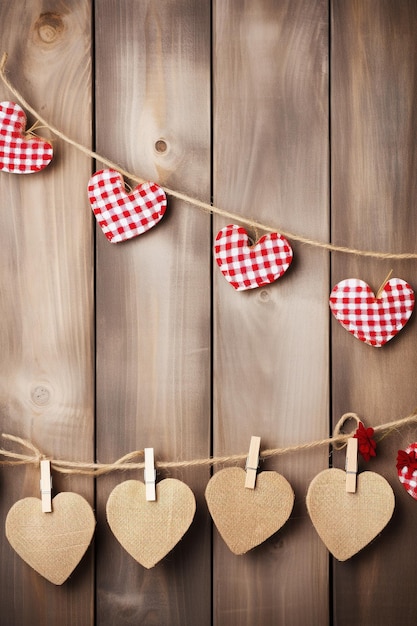 Harten die aan een touw hangen op een houten achtergrond Valentijnsdag achtergrond