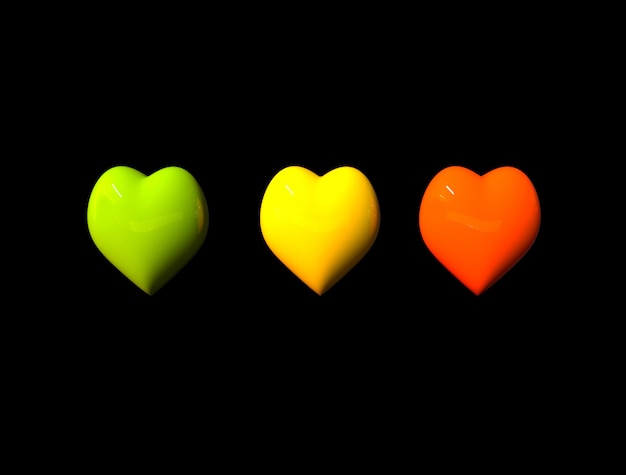 Harten op zwarte achtergrond rood geel groen-liefde concept 3d render