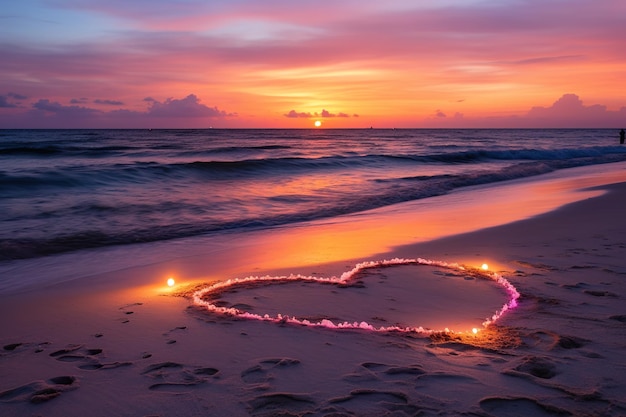 Foto harten vormen in het zand op het strand van zonsondergang warm licht