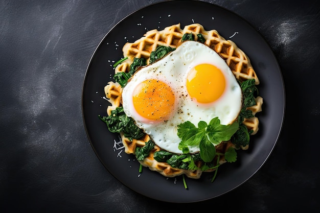 Hartig ontbijt met wafels, spinaziekaas en gebakken ei. Bovenaanzicht met ruimte om te kopiëren