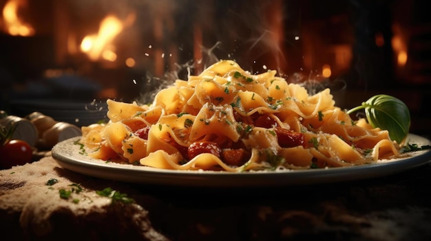 Hartige pasta zout met gesneden groenten op een bord op een onscherpe achtergrond