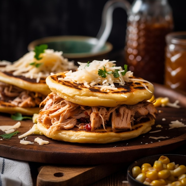 Hartige salvadoraanse pupusas met pittige saus en sla en tomatensalade