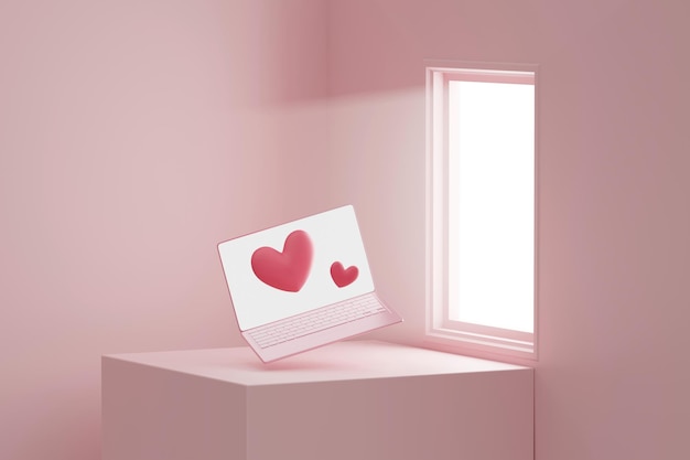 Hartsymbool en laptop met roze venster licht concept 3D-rendering