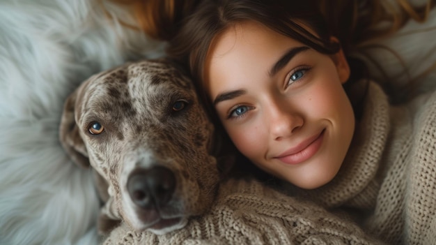 Hartverwarmend portret van een jonge vrouw met een zachte glimlach die een gevlekte bruine hond knuffelt