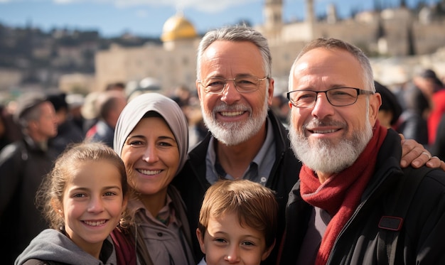 Hartverwarmende eenheid Gelukkige Palestijnse familie poseert voor Al-Aqsa