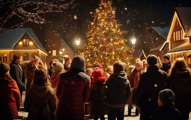 Hartverwarmende Eve Townsfolk United in Carol Singing onder een besneeuwde grote kerstboom