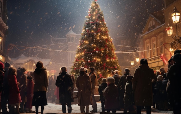 Hartverwarmende Eve Townsfolk United in Carol Singing onder een besneeuwde grote kerstboom
