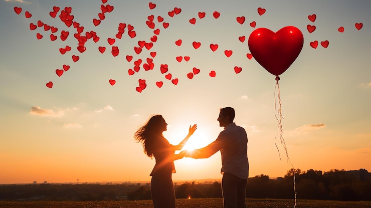 Foto hartverwarmende momenten waarop liefde de lucht in wordt gelaten met hartvormige ballonnen