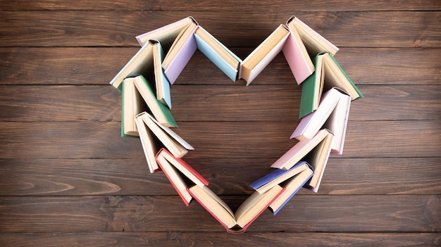 Hartvorm gestapeld boeken op houten achtergrond liefde voor wijsheid wetenschappelijk onderwijs concept