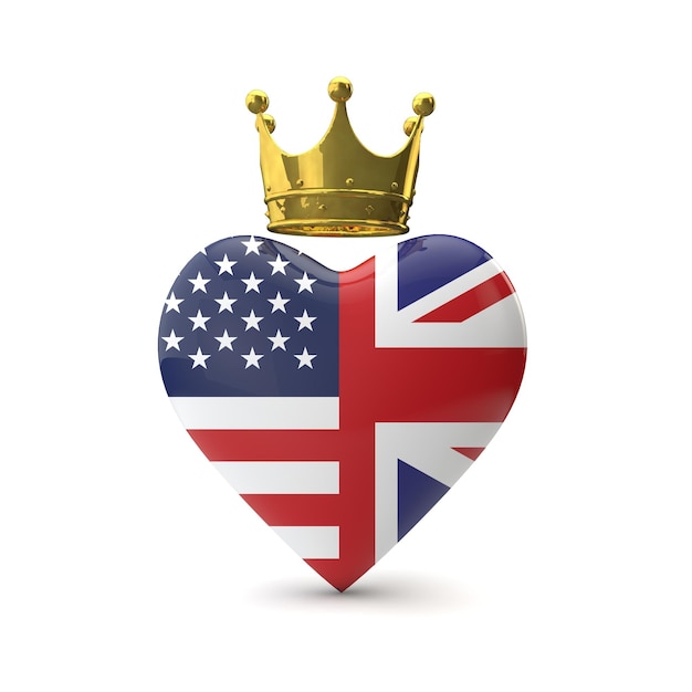 Foto hartvorm met amerikaanse en britse vlag met gouden kroon royal wedding concept 3d rendering