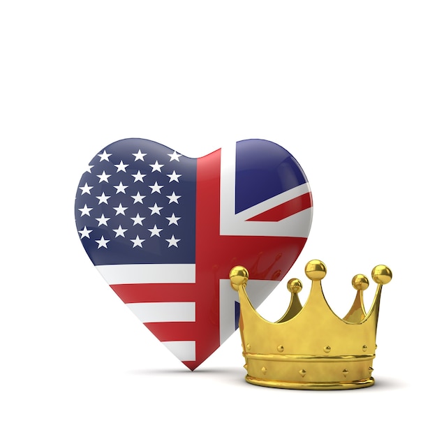 Foto hartvorm met amerikaanse en britse vlag met gouden kroon royal wedding concept 3d rendering