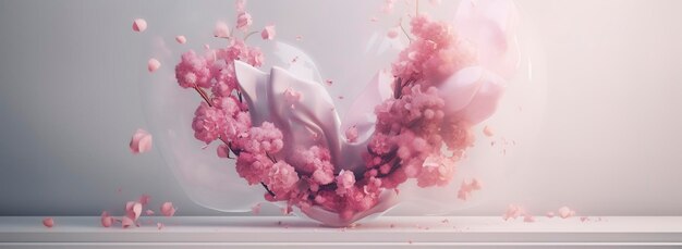 Hartvormig beeldhouwwerk met roze bloemen in een wit frame in de stijl van bewegingsonscherpte panorama kawaii manga foto bashen sony alpha a1 gedetailleerd karakterontwerp bolvormig genereren ai