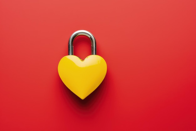 Hartvormig geel hangslot geïsoleerd op rode achtergrond harthangslot AI
