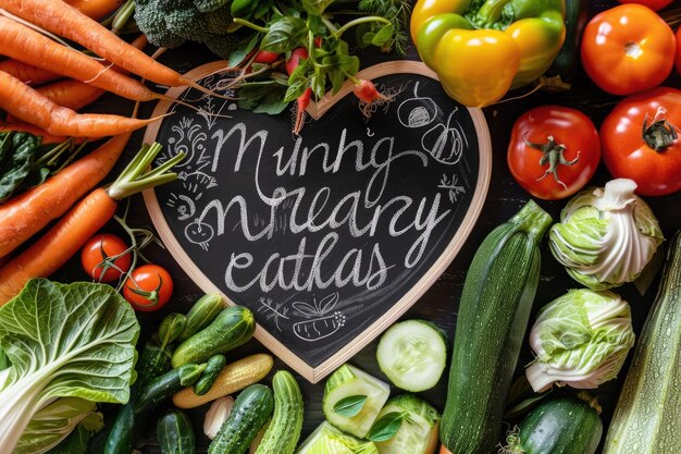 Hartvormig krijtbord met een tekst over bewust eten op rauwe groenten