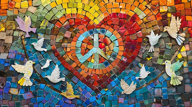 Hartvormig mozaïek gemaakt van vredessymbolen Olijftakken Witte duiven Vredesteken gegenereerd door AI