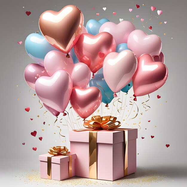 Hartvormige ballonnen en geschenkkist
