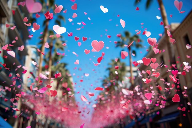 hartvormige confetti vallen van een heldere blauwe hemel professionele fotografie achtergrond