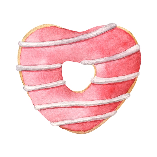 Hartvormige donut met rood glazuur. Handgetekende aquarel illustratie geïsoleerd op wit