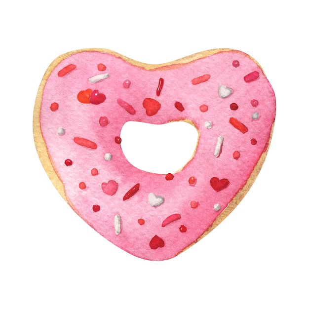 Hartvormige donut met roze glazuur. Handgetekende aquarel illustratie geïsoleerd op wit