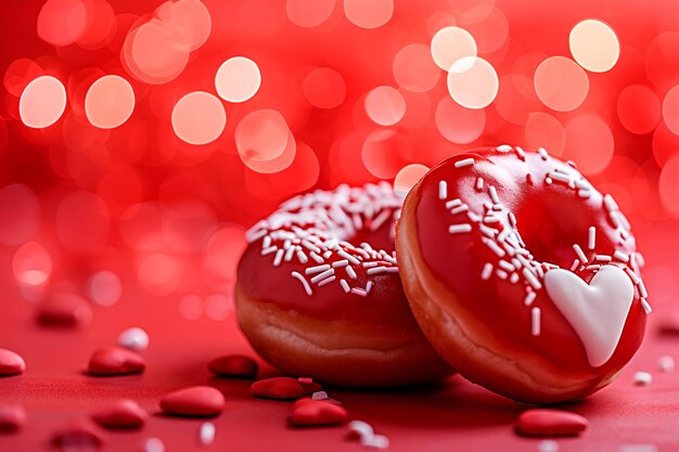 Hartvormige donuts voor Valentijnsdag tegen een achtergrond van rode bokeh